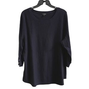 Talbots Womens 2X Navy Blue Textured Knit Crewneck 3/4 Sleeve Sweater Button Det